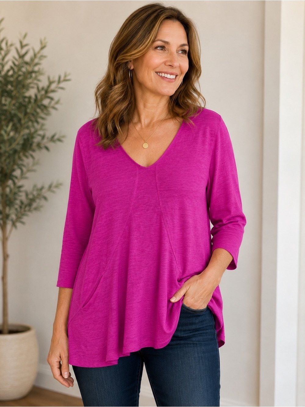 Habitat Linen Magenta Pink V Neck Long Sleeve Tunic Top Lagenlook Front Pockets